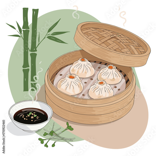 Steamed crystal shrimp dumplings (har gow) in contemporary Chinese-style vector illustration with bamboo steamer, dipping sauce and microgreens on light background