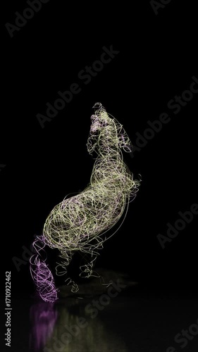 Fiery Horse, symbol of the 2026 Chinese New Year, forms from glowing neon threads. Abstract seamless loop 3D animation of a rearing stallion on a dark reflective background. Vertical orientation