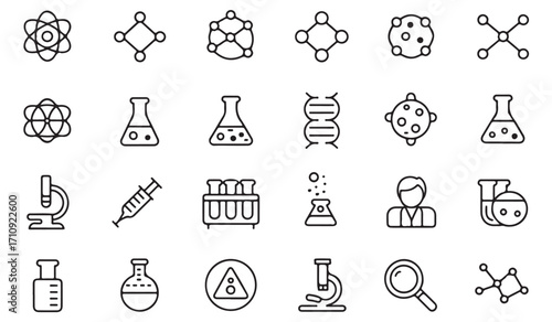 Modern minimal science symbols set with atom, biology, chemistry, DNA strand, microscope, virus, syringe, experiment, and laboratory research icons