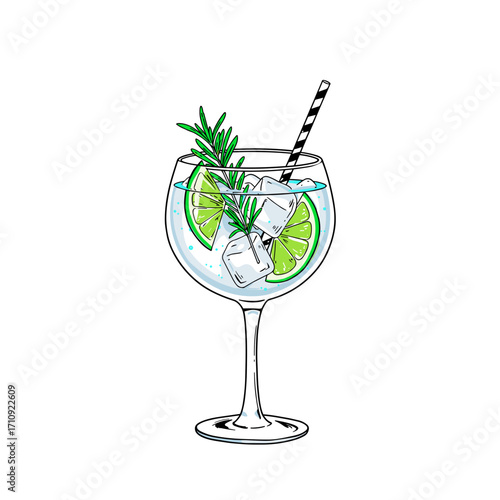 Gin and tonic with ice and herbs in minimalist black and white vector illustration with electric cyan and neon green accents on white background