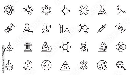 Vector outline collection of laboratory icons including DNA, molecules, microscope, test tubes, virus, bacteria, medicine, syringe, flask, hazard, and science equipment