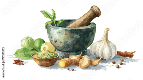 Detailed Watercolor Ayurvedic Herbal Ingredients Illustration for Design Projects