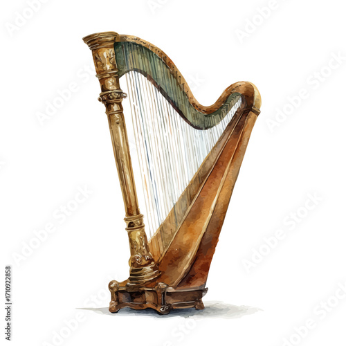 Harp, watercolor painting, vector illustration, isolated on a white background.