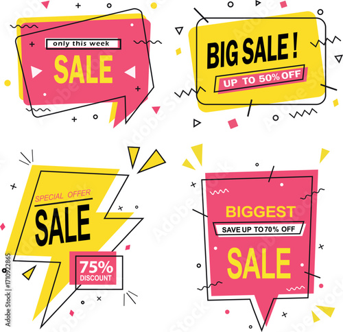 Vibrant promotional bubbles advertise big, biggest, and special sales events with high percentage discounts offered
