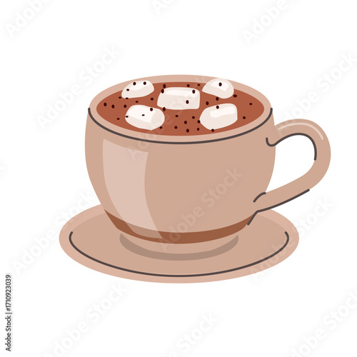 Cup of hot chocolate with marshmallows served on a saucer in cozy hand drawn style on white background