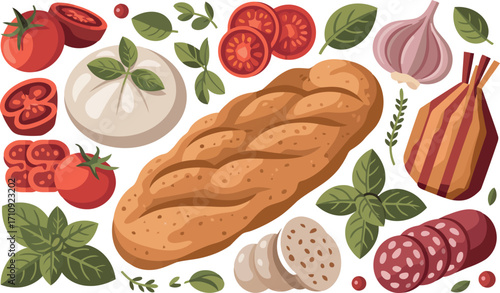 A vibrant flat lay displays an array of fresh Italian food ingredients, artfully arranged against a white background. 