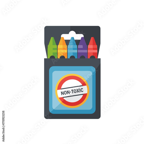 Crayon pack with “Non-Toxic” mark, colorful and trustworthy, flat vector illustration of art supplies on white background, with copy space
