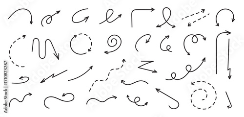 Hand drawn arrows in curved, dashed, spiral, wavy shapes with black marker or pen style. Directional arrow doodle elements. Isolated line sketch arrowhead pointers vector set.