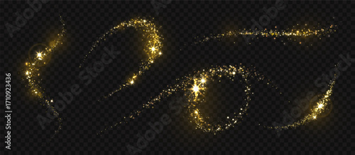 Sparkle trails. Magic light, gold star glitter, golden dust, shining trail. Wave yellow glow, swirl line with sparks and flare, twinkle particles flow. Luxury border vector set