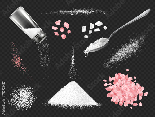 Sea salt powder. Pink and white salt grains with spoon, salt shaker. Scattered salty kitchen natural mineral, spice pile, food ingredient. Vector realistic isolated set.