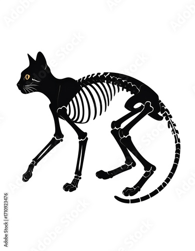 A black silhouette of a cat's skeleton against a white background, highlighting the intricate structure of bones.