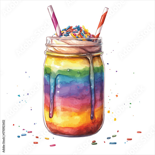 Rainbow layered milkshake in a mason jar with colorful sprinkles and straws vector illustration