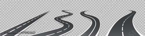 Road, winding highway. 3d asphalt path, car traffic curved way in perspective, journey pathway. Realistic race track, abstract street, speedway transport concept, infographics. Vector set.