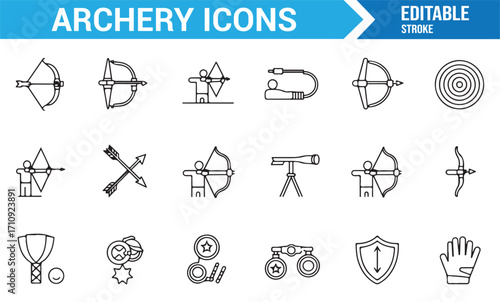 Vector outline icons of archery equipment and competition symbols including bullseye, range, and tournament