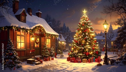 A charming Christmas scene depicts a cozy winter village with a grand Christmas tree, glowing warmly illuminated houses, and presents under a blanket of snow.