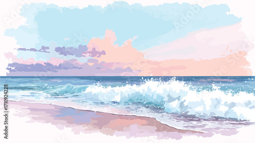 Serene Watercolor Beach Scene with Gentle Waves - Vector Illustration