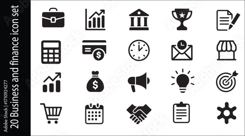 20 Business and Finance Icons in Minimal Black Style for Corporate, Web, and Editorial Use