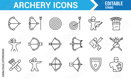 Editable stroke archery icons set including bow, arrow, target, archer, bullseye, and competition elements