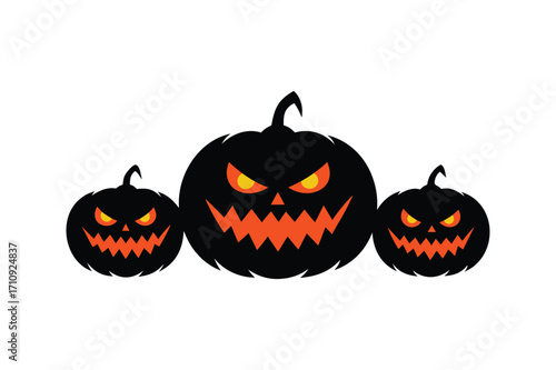 Set of evil and funny jack-o’-lantern pumpkins in black silhouette with orange glowing faces, Halloween decoration, vector illustartion