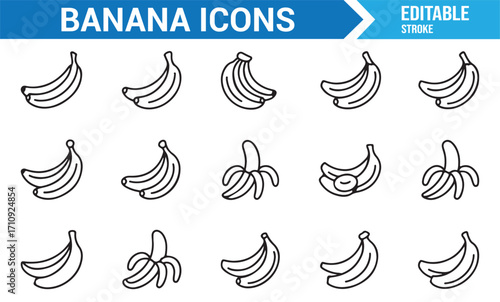 Outline banana icons vector set showing peeled, ripe, fresh, and tropical fruit symbols for nutrition and diet