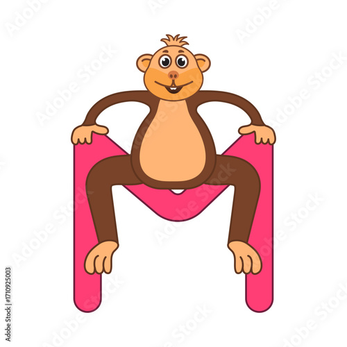 Funny monkey cartoon sitting on letter M vector illustration