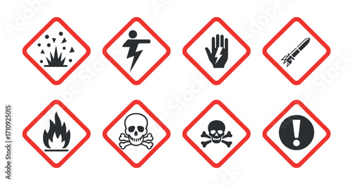 Hazard Warning Symbols: Explosive, Electrical Hazard, Stop, Projectile, Fire, Toxic, and Exclamation Icons