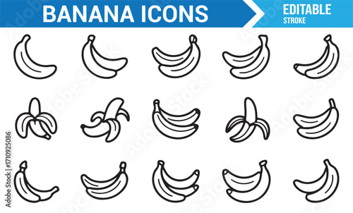 Banana fruit illustration pack with outline icons showing peeled, ripe, and bunch clusters for food graphics
