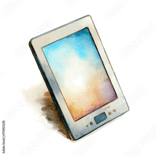 E-reader in watercolor style, vector illustration, isolated on white background.