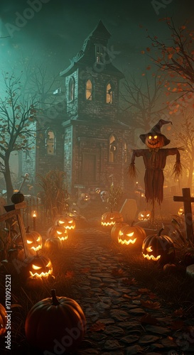 Eerie halloween illustration of a haunted mansion with a glowing pumpkin patch, a creepy scarecrow, and a mysterious foggy graveyard at night