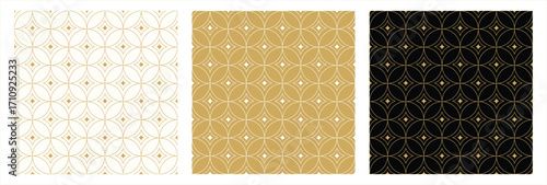 Elegant seamless geometric circle lattice patterns, premium gold, black, and white line art backgrounds, luxury modern decorative repeating wallpaper vector set