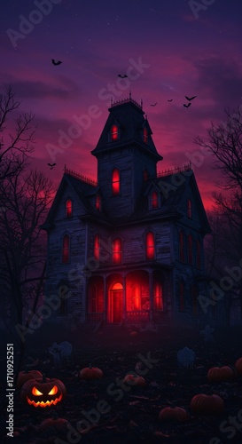 A terrifying haunted house glows with a sinister red light under a dramatic purple sky on a spooky halloween night, surrounded by evil jack-o-lanterns