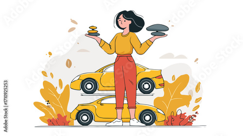 Creative Woman Balancing Rocks in Hands Car Concept Vector Illustration