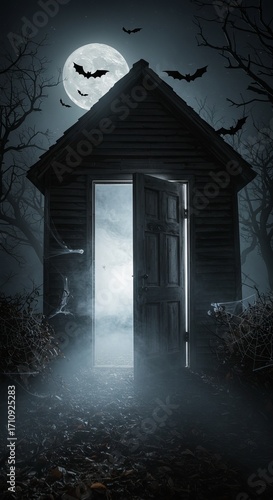 Spooky Halloween Night A mysterious cabin bathed in moonlight, surrounded by ominous trees and bats, inviting you to enter a realm of shadows and supernatural occurrences for your festive celebration