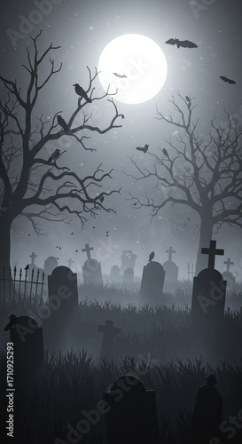 Halloween Night at the Cemetery A Spooky Illustration of a Graveyard Under a Full Moon and Crow Silhouettes