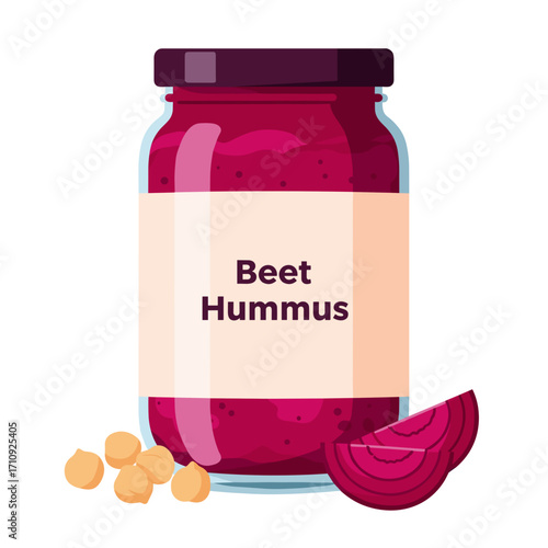 Glass jar filled with vibrant beet hummus in flat vector style with clean food mood, labeled simply, with chickpeas and beet slices beside it on white background