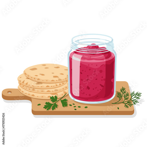Glass jar with beet hummus in flat vector style with modern snack mood, placed on cutting board next to pita bread and fresh herbs on white background