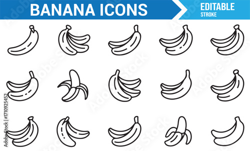 Editable banana vector icons showing peeled fruit, ripe bunches, and tropical nutrition elements