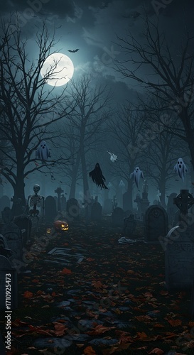 Eerie Halloween Night Spooky Graveyard Scene with Ghosts and Jack-o'-Lantern