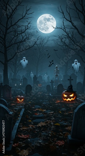 Spooky Halloween graveyard scene at night with full moon, jack-o'-lanterns, ghosts, and bare trees creating a haunting atmosphere perfect for your holiday decorations and festive designs