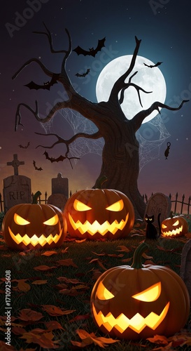 Spooky Halloween night with carved pumpkins glowing ominously in a graveyard under a full moon, creating a festive and eerie atmosphere perfect for the holiday celebrations