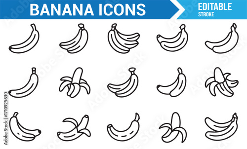 Food and fruit icons pack featuring banana bunch, peel, and ripe tropical fruit in outline vector design