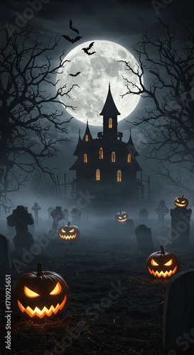 Chilling halloween night scene featuring a gothic haunted house on a hill with a full moon, flying bats, and evil jack-o-lanterns in a foggy cemetery