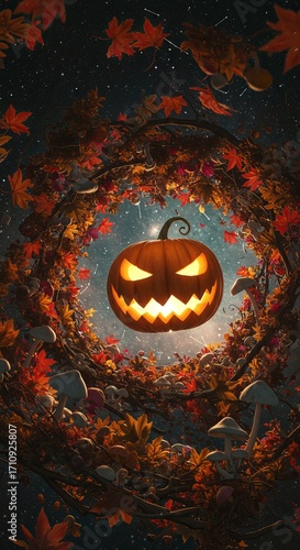 Captivating Halloween Night Fantasy A Spooky Jack-o'-Lantern Journey Through Autumn Leaves and Mystical Ambiance, Creating a Festive Atmosphere for Celebrations