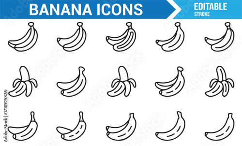 Vector outline icons of bananas showing peeled, ripe, and bunches for nutrition, food, and healthy diet designs