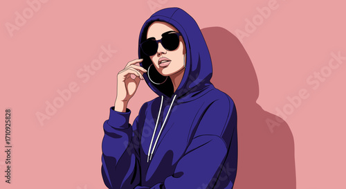 Stylish model in hoodie in vector illustration with bold fashion-art mood, pop-art inspired aesthetic, high contrast shadows and minimalist color palette