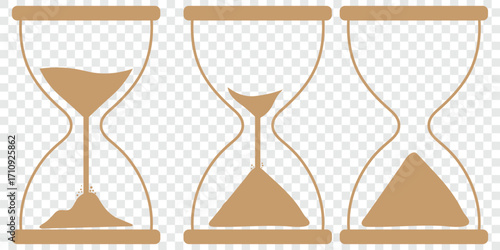 Clock icon Hourglass end icon outlined icon vector collection. Silhouette hourglass countdown icon on transparent background for web and graphic design. Set of hourglass icons . black time date icons 