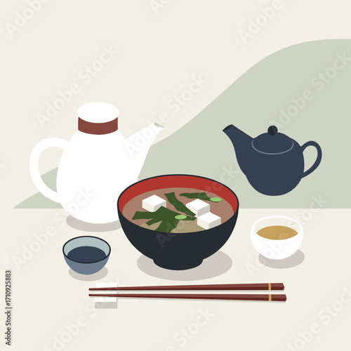 Miso soup with wakame and tofu cubes, clean and elegant, vector illustration in Japanese minimal style