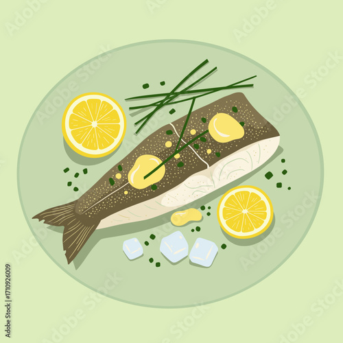 Baked cod with lemon butter and chives, flat style, soft overlapping shapes, pale green and citrus yellow