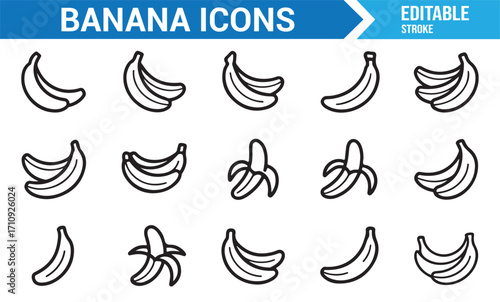 Editable stroke banana icons set including peeled bananas, bunches, and tropical fruit vector illustrations