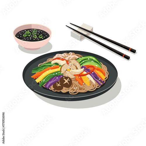 Japchae with rainbow vegetables in modern Korean food vector illustration with bold flat colors, simplified geometric shapes and minimalistic presentation on light background
